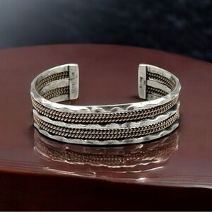 Vintage Signed Tahe Sterling Silver & 12K Gold Filled Braided Cuff Bracelet 6.5”